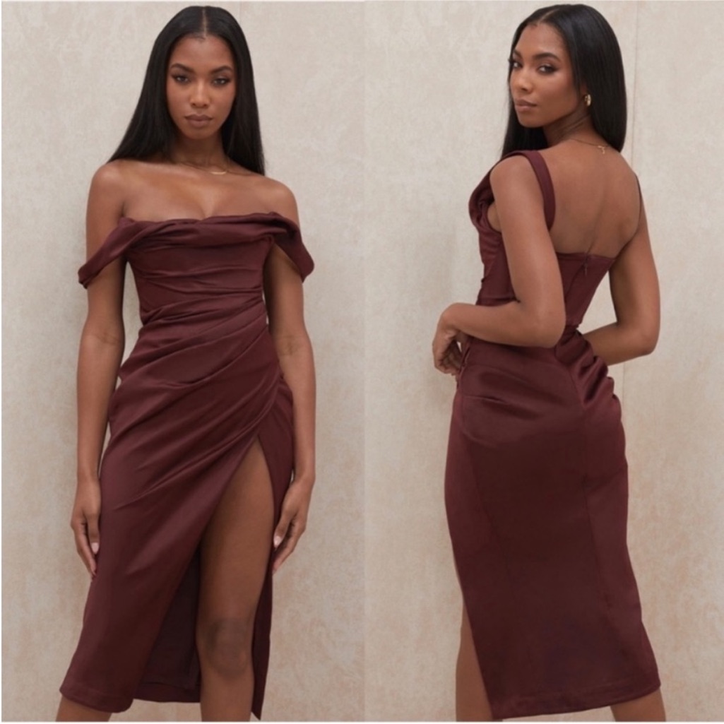 House Of Cb ‘Rhoda’ Off The Shoulder Corset Satin Dress In Raisin